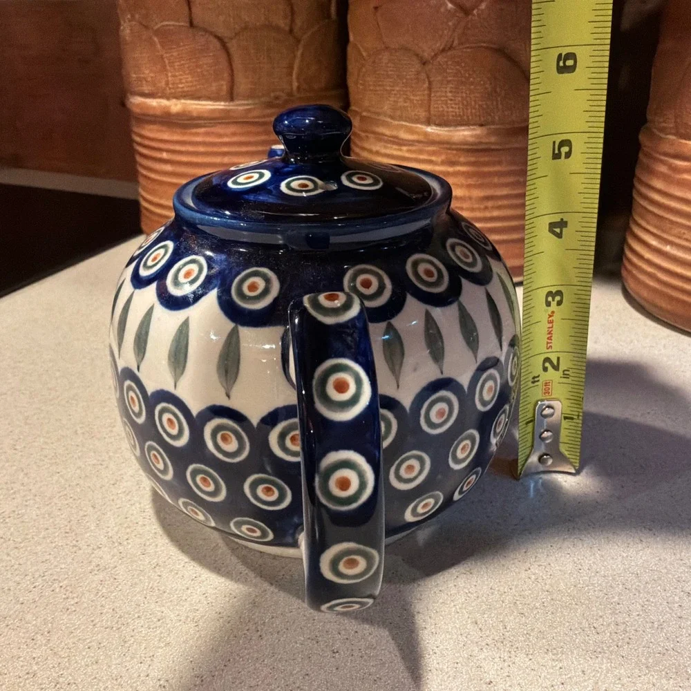 Boleslawiec Polish Pottery Teapot Peacock Eye Pattern Hand Made in Poland EUC